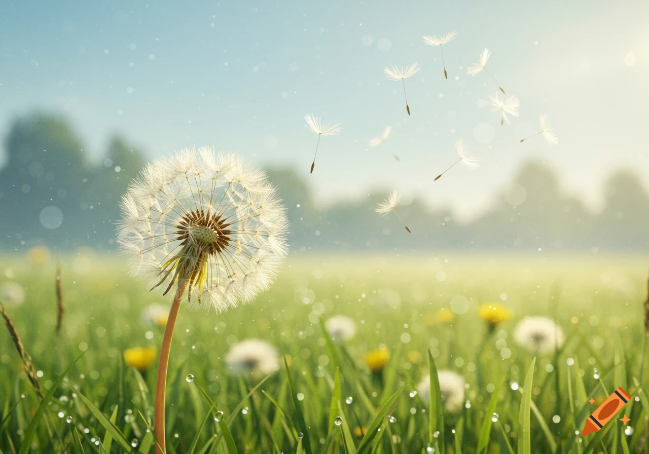 A dandelion puff with seeds blowing to the right in a sunny green field with water droplets on grass.