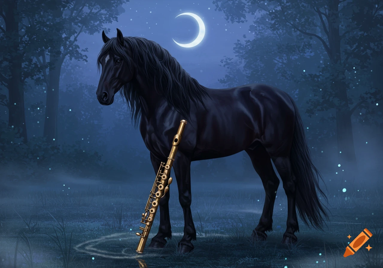 A black horse stands in a misty, moonlit forest, a golden flute leaning against its front leg.