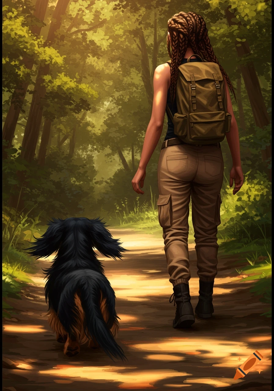 A woman with braids and a backpack walks with a black and tan dachshund on a sun-dappled forest path in a stylized illustration.