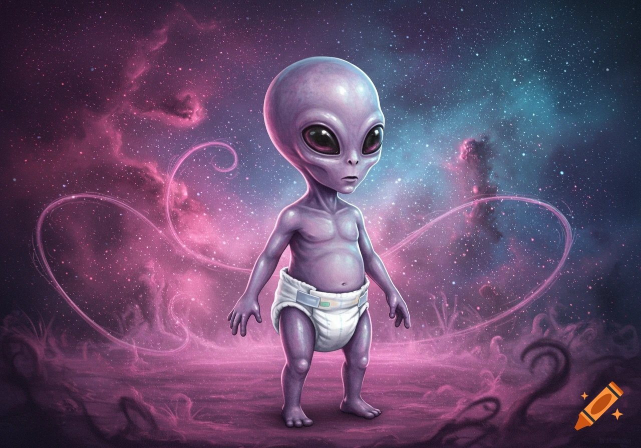 A cute purple alien baby wearing a diaper stands in a vibrant pink and blue cosmic landscape with stars and nebulae.