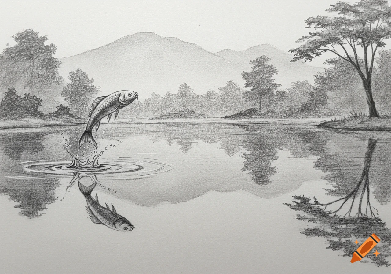 A grayscale pencil drawing shows a fish leaping out of a pond, with its reflection below. Faded mountains and trees are in the background.