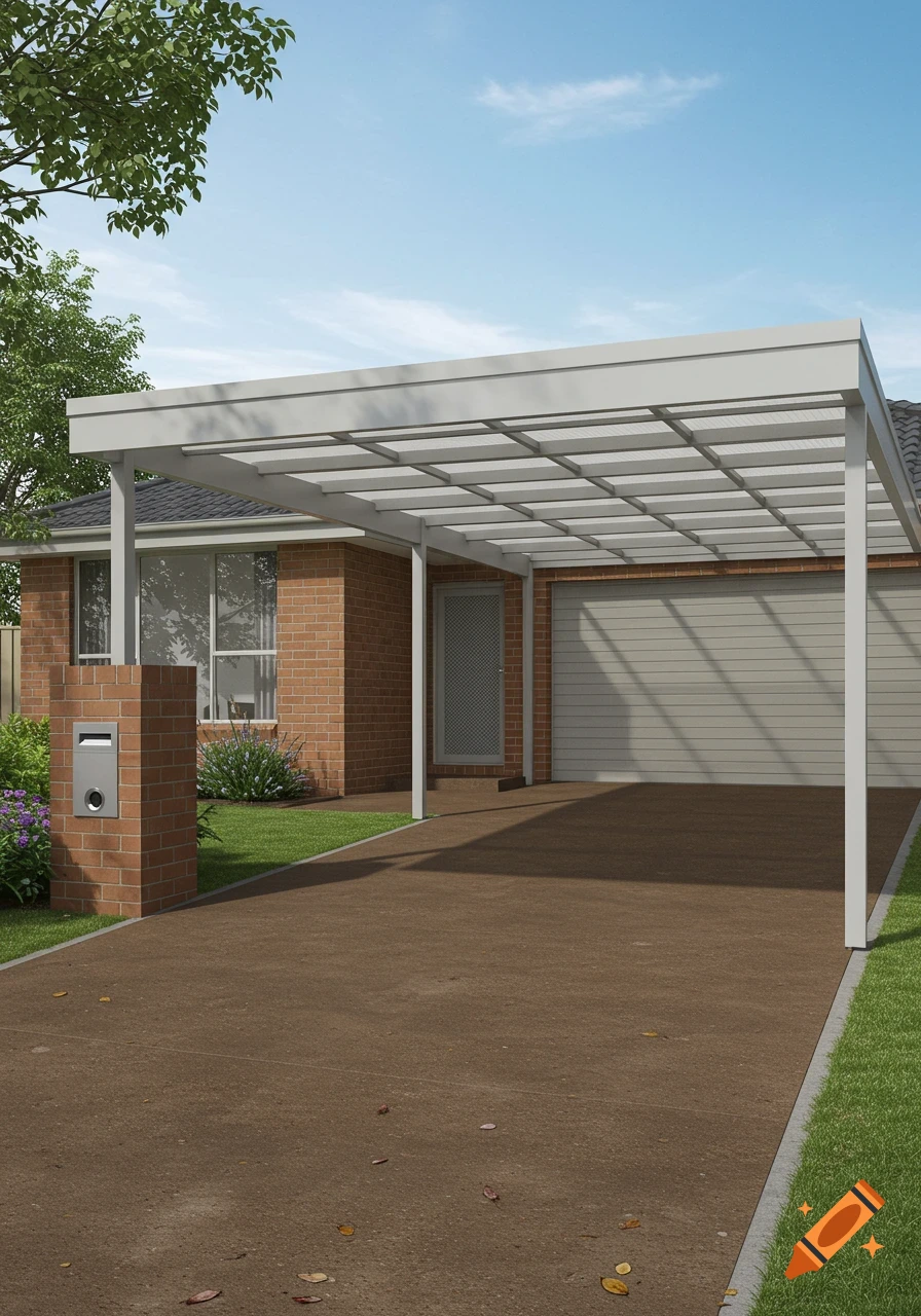 A modern white carport over a brown driveway in front of a brick house with a garage and green lawn under a blue sky.