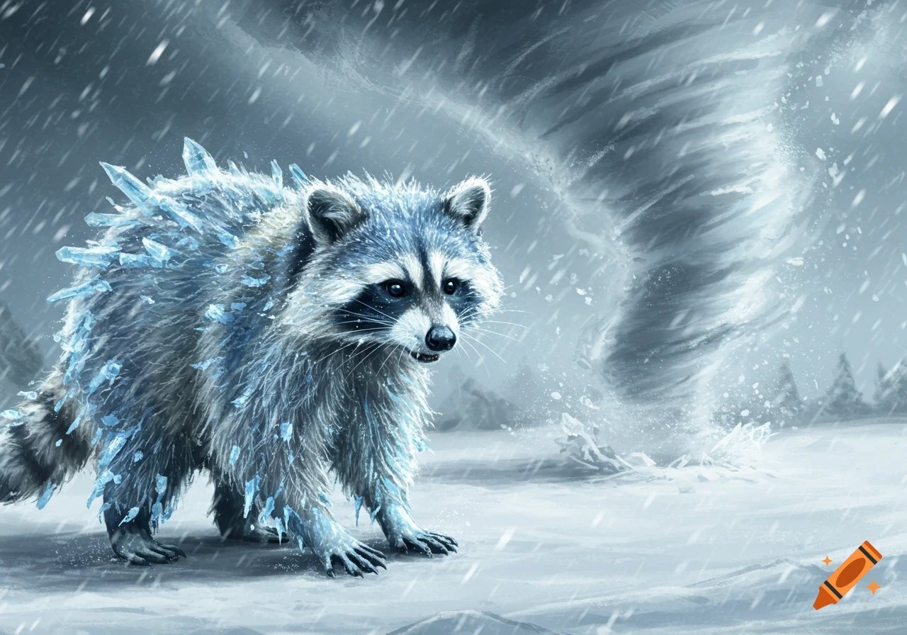 A blue-toned raccoon covered in ice crystals stands in a snowstorm with a tornado behind it.