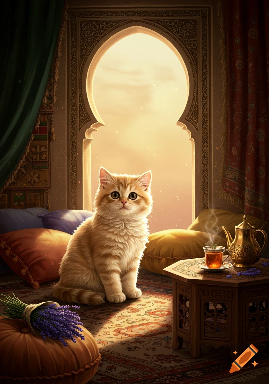 A fluffy ginger cat sits on a patterned rug in a sunlit room with an ornate arched window, pillows, and a tea set.