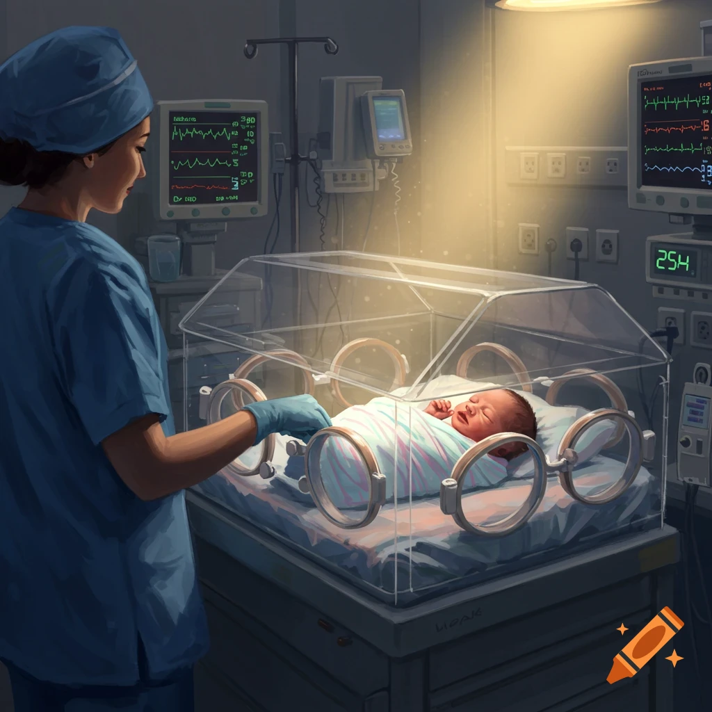 A nurse in blue scrubs looks at a newborn baby inside an incubator in a hospital NICU room, with medical monitors in the background.
