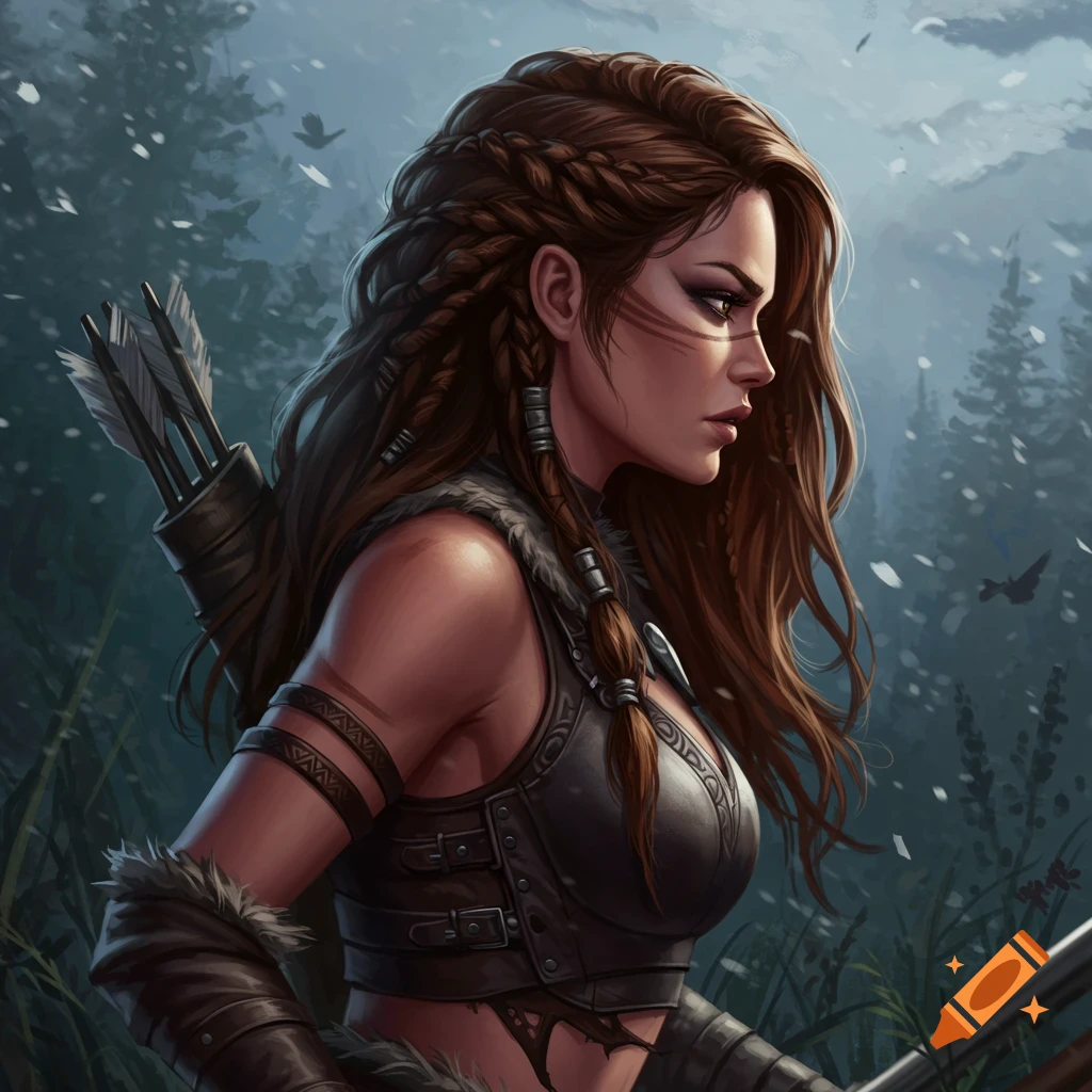 A determined woman hunter with braided brown hair and armor, seen in side profile against a snowy forest background.