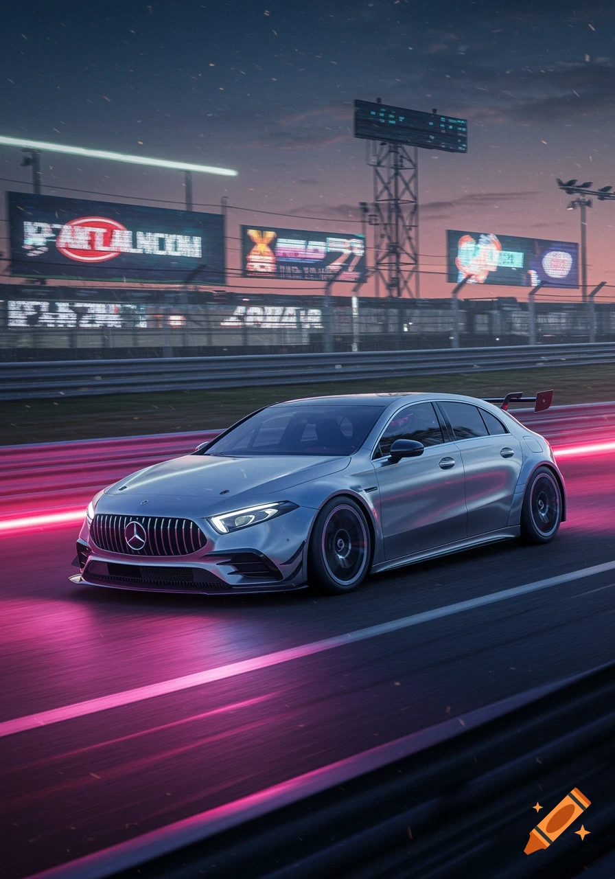 A sleek silver Mercedes race car speeds down a track at dusk, illuminated by glowing pink and purple light trails.