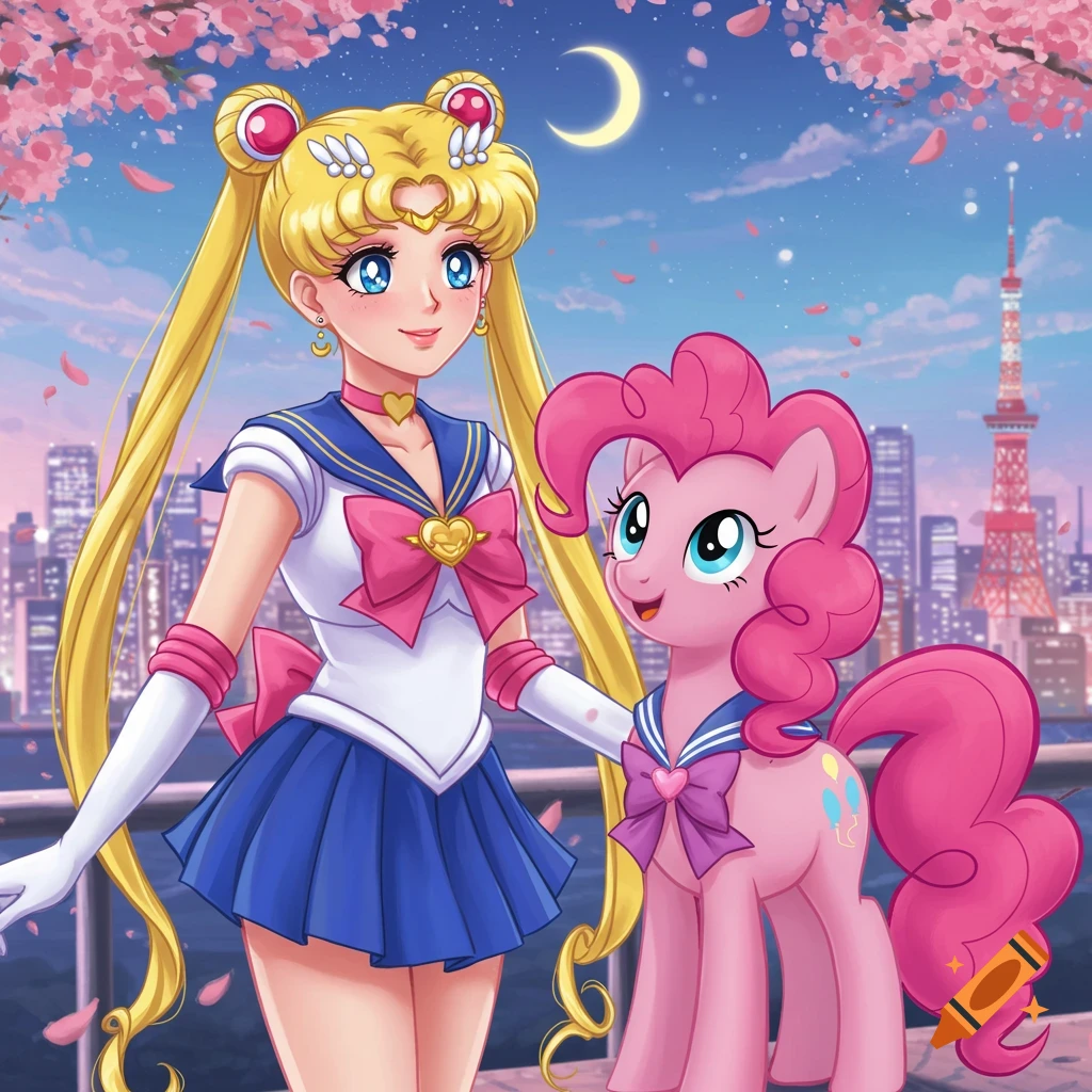Sailor Moon and Pinkie Pie, a pink pony, stand together in anime style against a city background with cherry blossoms.