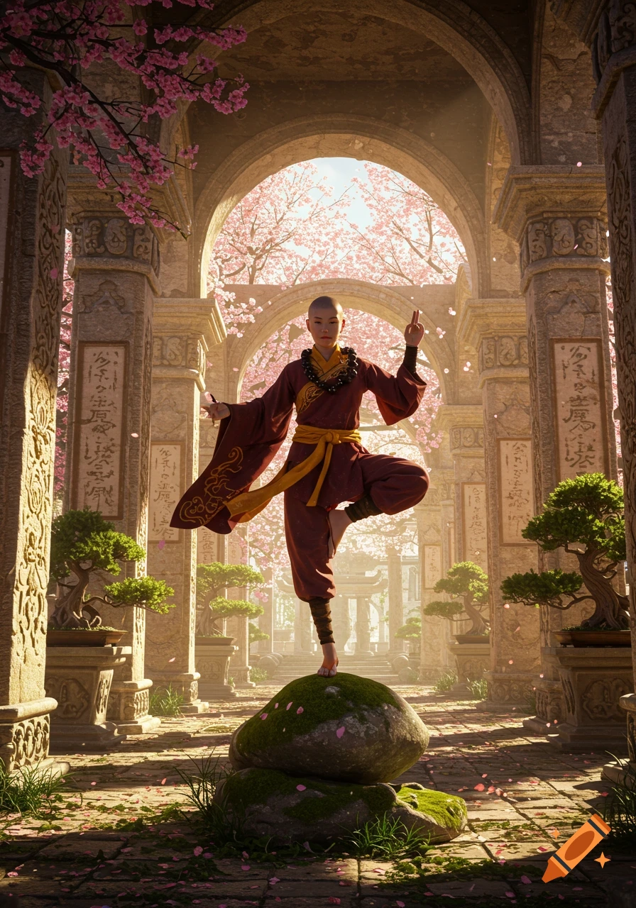 A photorealistic image of a female monk balancing on one leg in a stone temple with cherry blossoms.