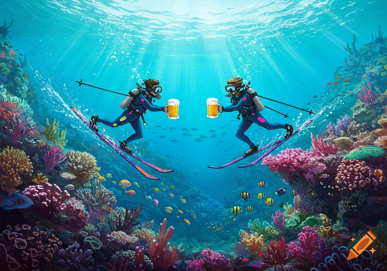 Two cartoon scuba divers ski underwater amidst a vibrant coral reef, toasting with steins of beer.