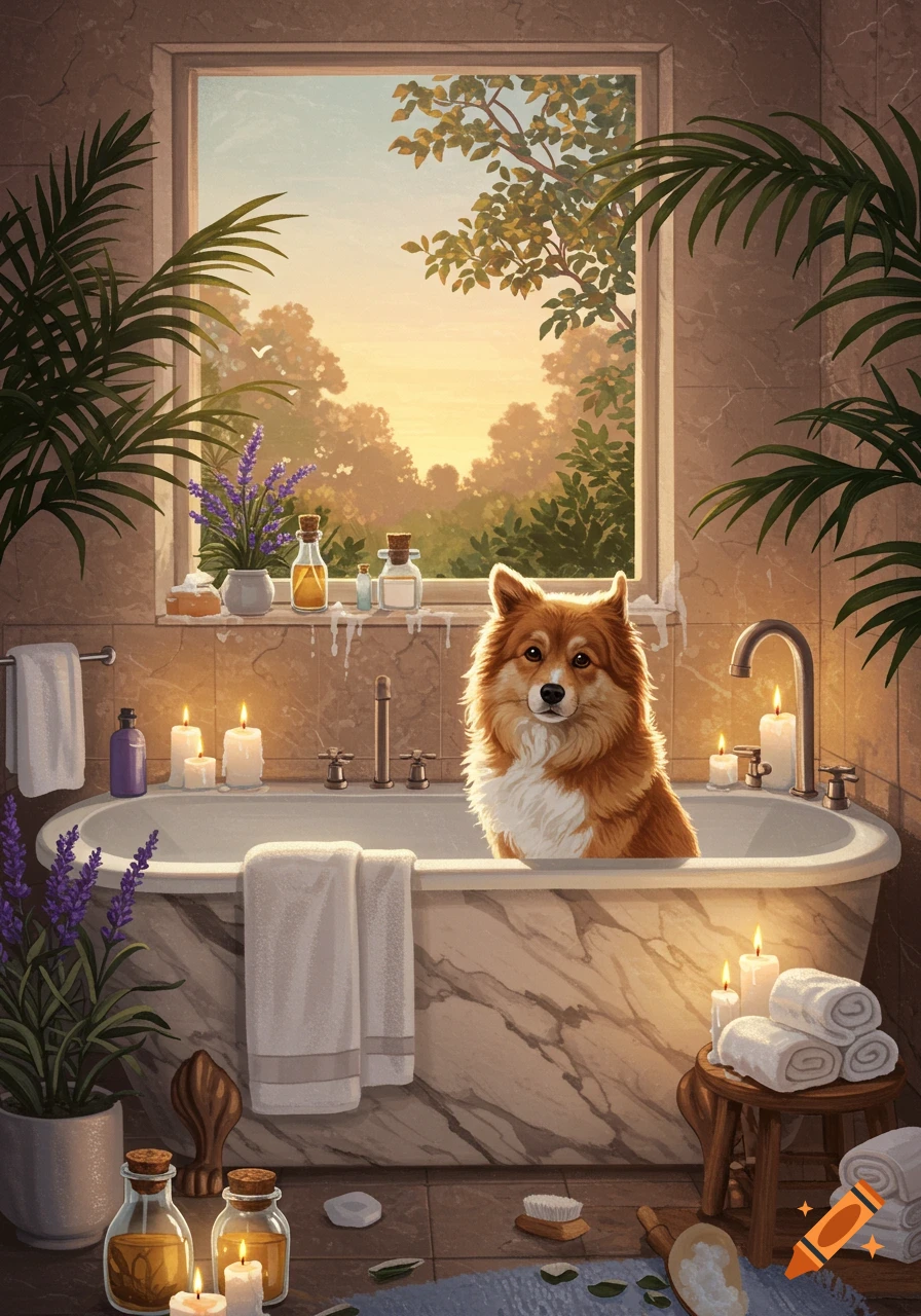 An illustrated fluffy dog sits in a candlelit bathtub in a cozy bathroom with plants and a window view.