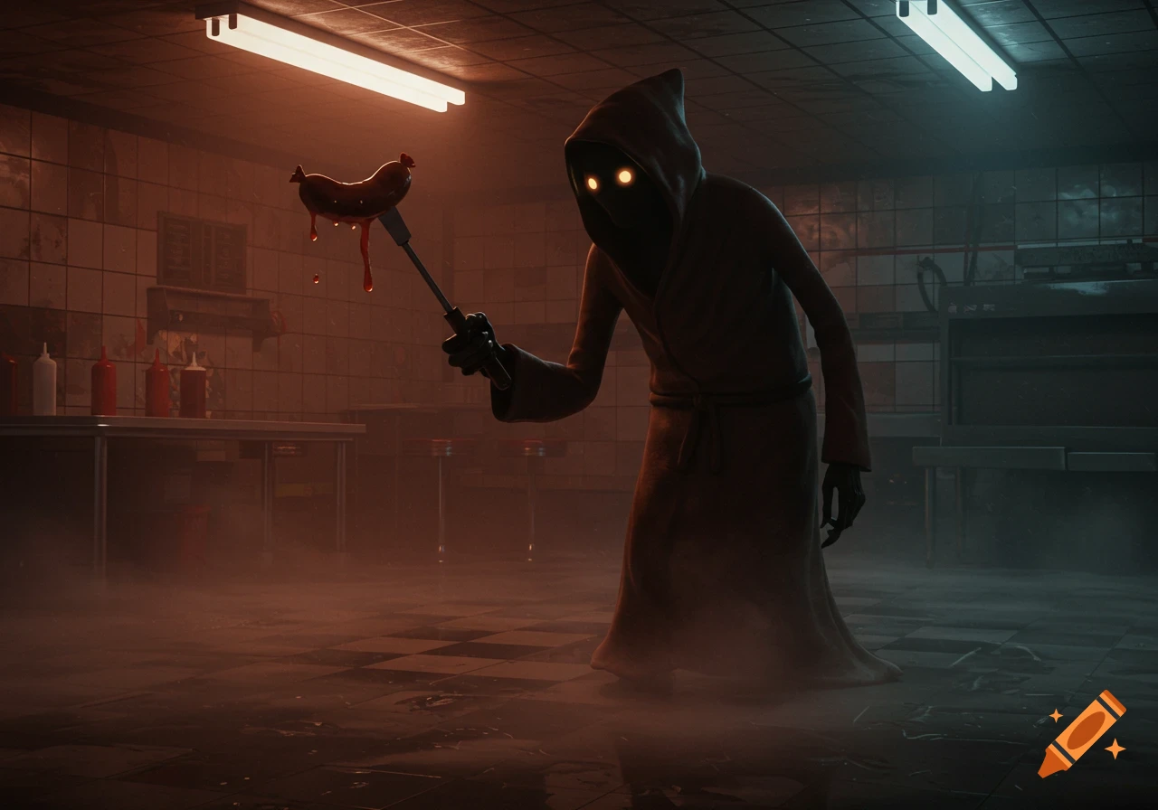 A shadowy, hooded figure with glowing yellow eyes holds a dripping sausage on a fork in a dimly lit, tiled kitchen.