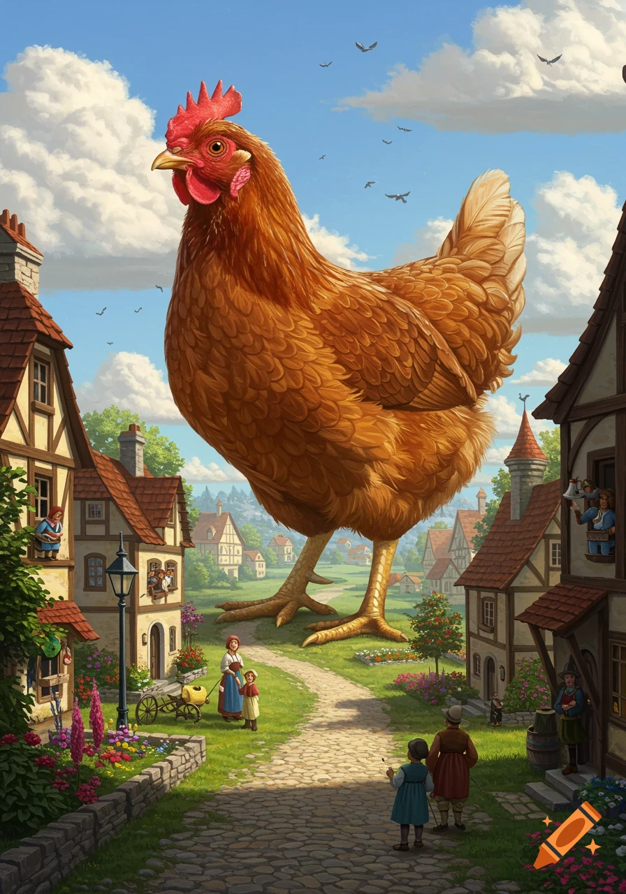A giant brown chicken stands in a green village street, dwarfing people and houses under a blue sky.