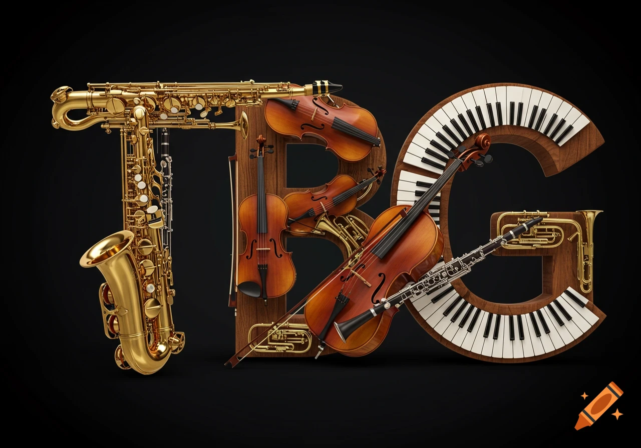The letters TBG formed by golden brass and wooden string musical instruments like saxophones, violins, and piano keys on a black background.