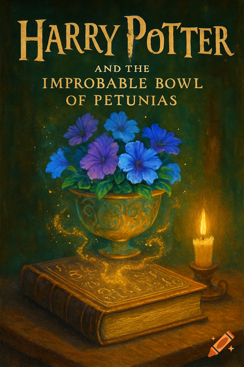 A golden Harry Potter book cover titled 'Harry Potter and the Improbable Bowl of Petunias' with a vase of blue and purple petunias, a glowing book, and a lit candle.