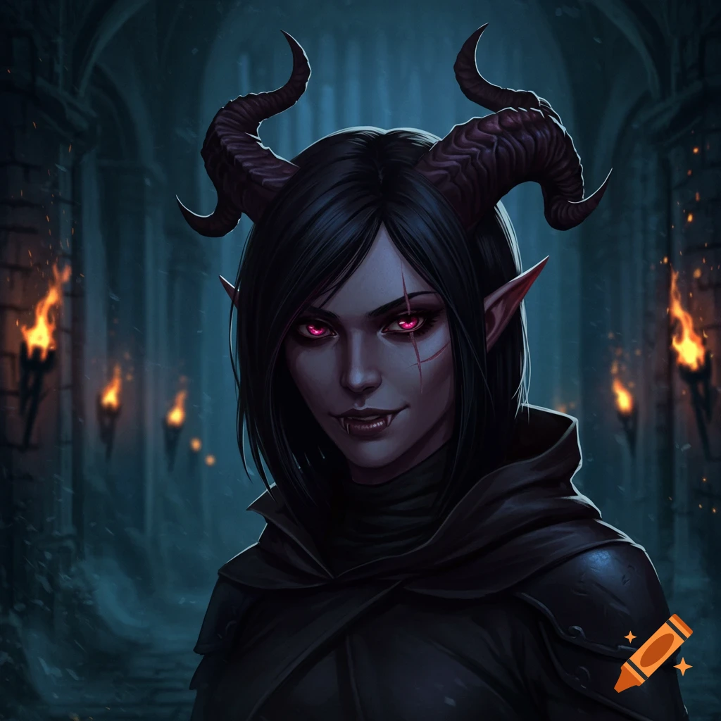 A dark fantasy illustration of a tiefling character with horns, glowing red eyes, and a scarred face, wearing a dark cloak in a torch-lit dungeon.
