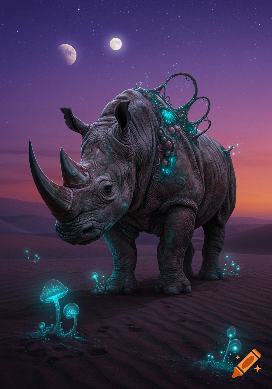 A majestic rhinoceros with glowing teal patterns and organic growths stands in a desert with bioluminescent mushrooms under a starry, purple and orange sky with two moons.