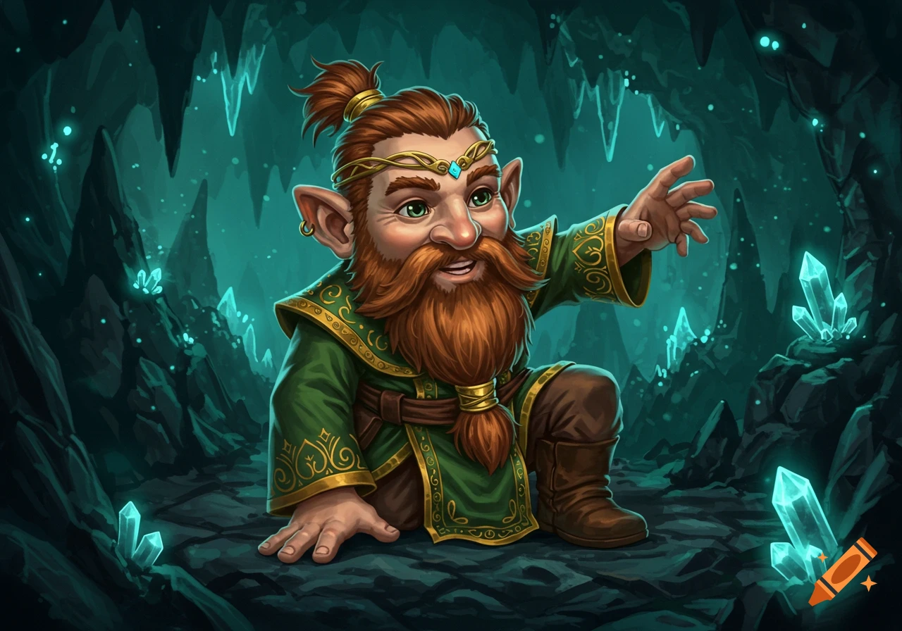 A smiling gnome with a long red beard and topknot kneels in a glowing crystal cave, pointing forward. Stylized digital art.