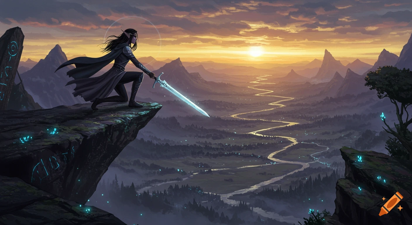 A dark-haired elf in a cape kneels on a cliff edge, holding a glowing sword, overlooking a winding river valley at sunset.