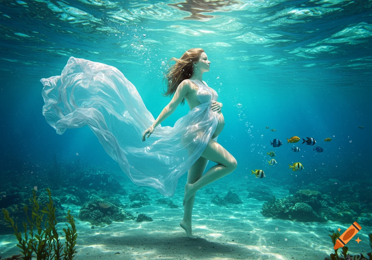 A pregnant woman in a flowing white dress swims gracefully underwater amidst coral and fish in a photorealistic style.