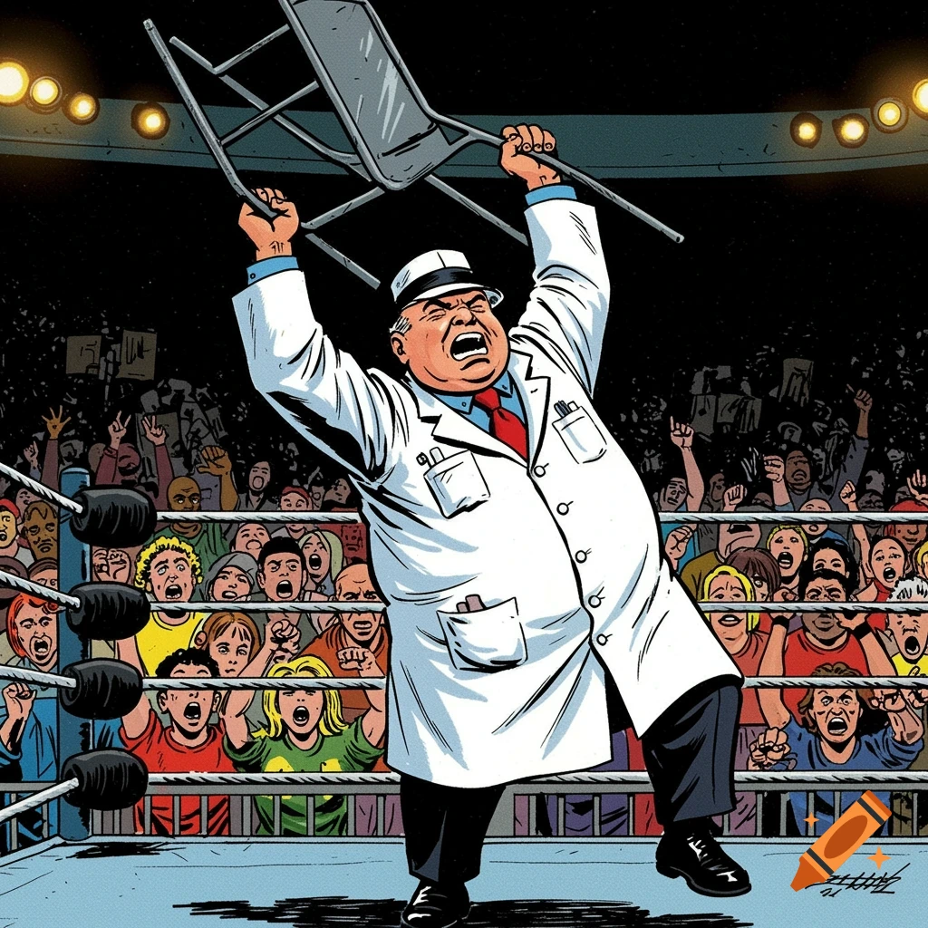 Cartoon of a portly man in a white coat and hat, raising a steel chair in a wrestling ring to a cheering crowd.