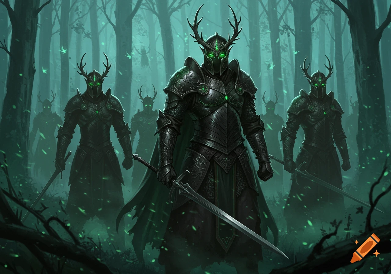 A group of dark armored knights with glowing green eyes and antlered helmets stand in a misty, dark green forest.