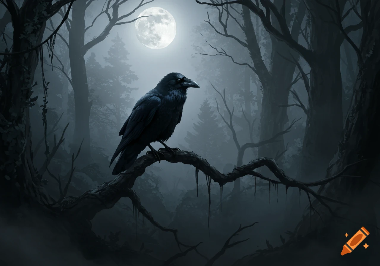 A black raven perches on a dark branch in a foggy, eerie forest under a bright full moon.