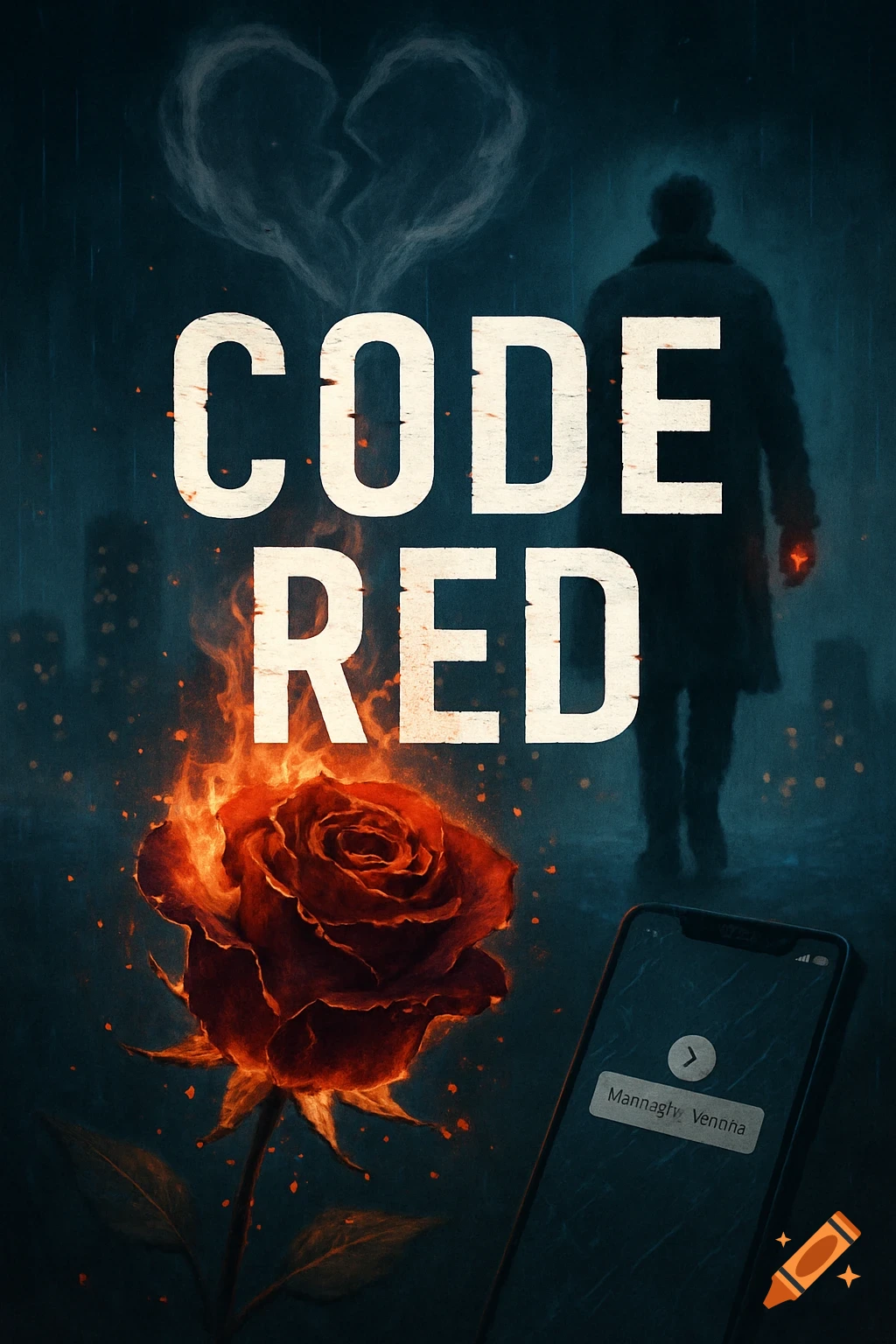 A dramatic poster with "CODE RED" in white. Below, a burning red rose and a smartphone with a garbled message. A silhouetted figure walks away in the rainy background.