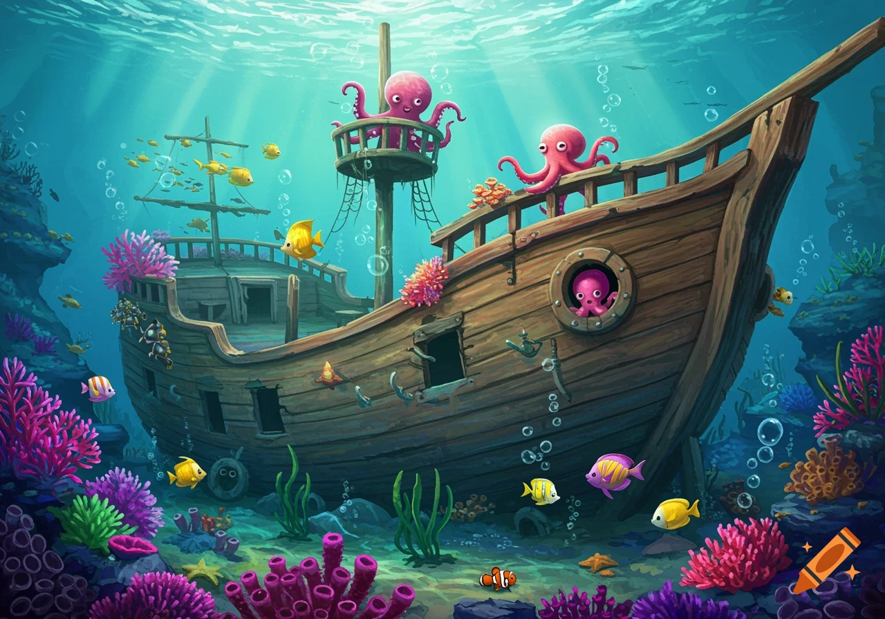A vibrant cartoon illustration of a sunken wooden shipwreck on the ocean floor, surrounded by colorful coral, various fish, and three cute pink octopuses.