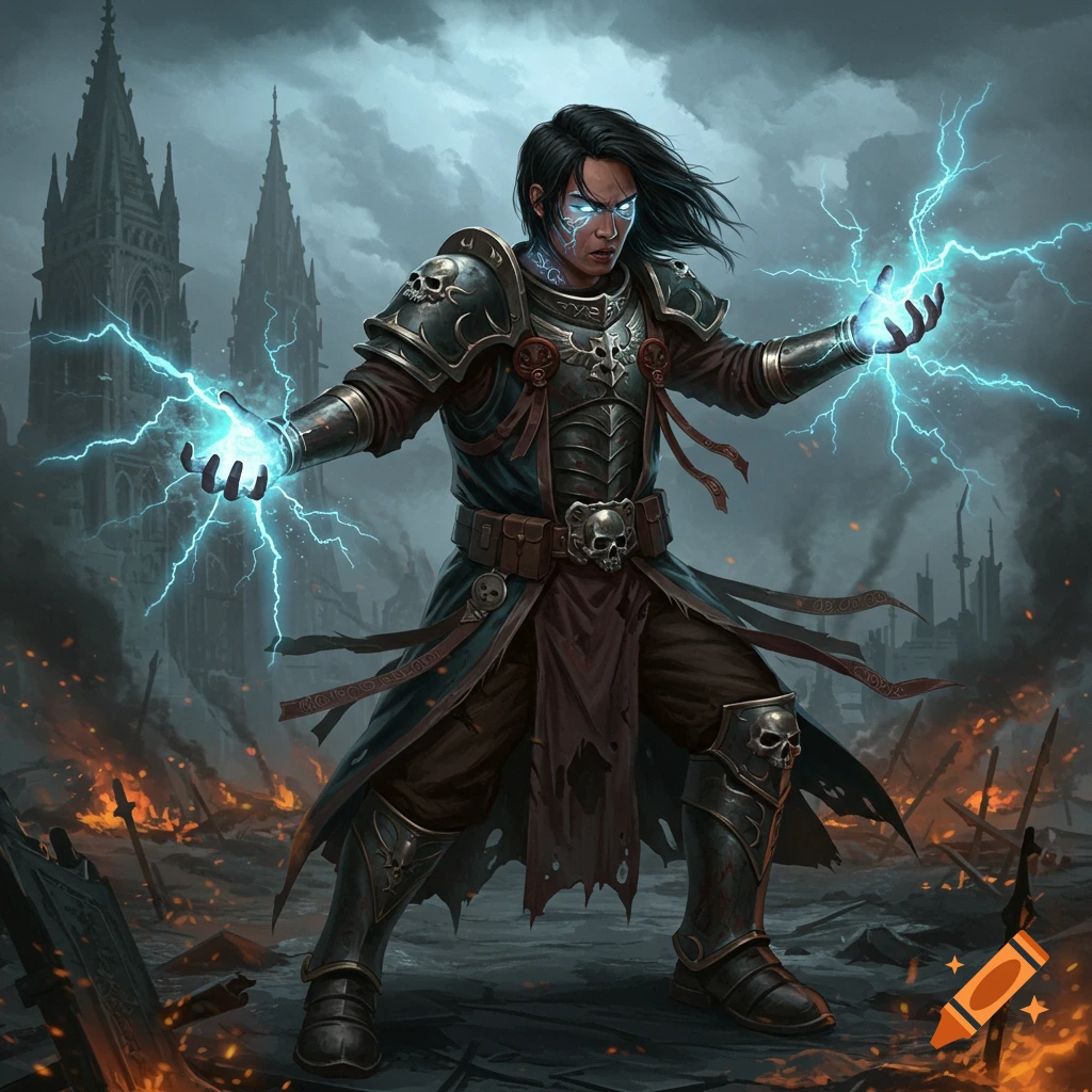 An armored Asian male psyker casts bright blue lightning from his hands in a ruined, fiery city with gothic architecture, digital painting.