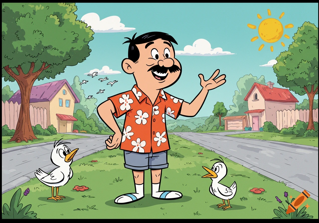 A cartoon man with a mustache in a Hawaiian shirt stands with two ducks on a suburban street in Hanna-Barbera style.