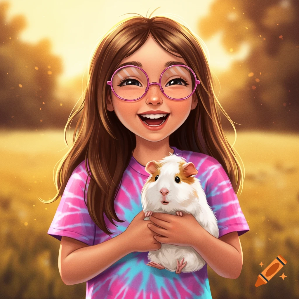 A smiling cartoon girl with brown hair and pink glasses holding a white guinea pig in a tie-dye shirt against a golden, blurry background.