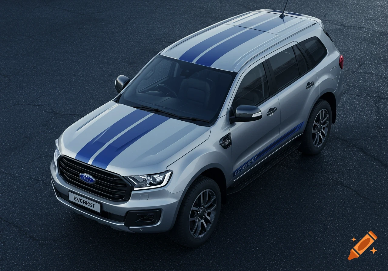 A silver Ford Everest SUV with blue racing stripes on the hood and roof, seen from a top-down view on asphalt pavement.