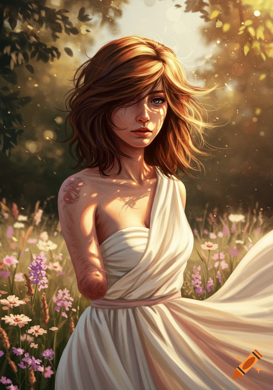 Illustrated portrait of a young woman with short brown hair and a deformed arm, wearing a white dress in a sunny field of wildflowers.