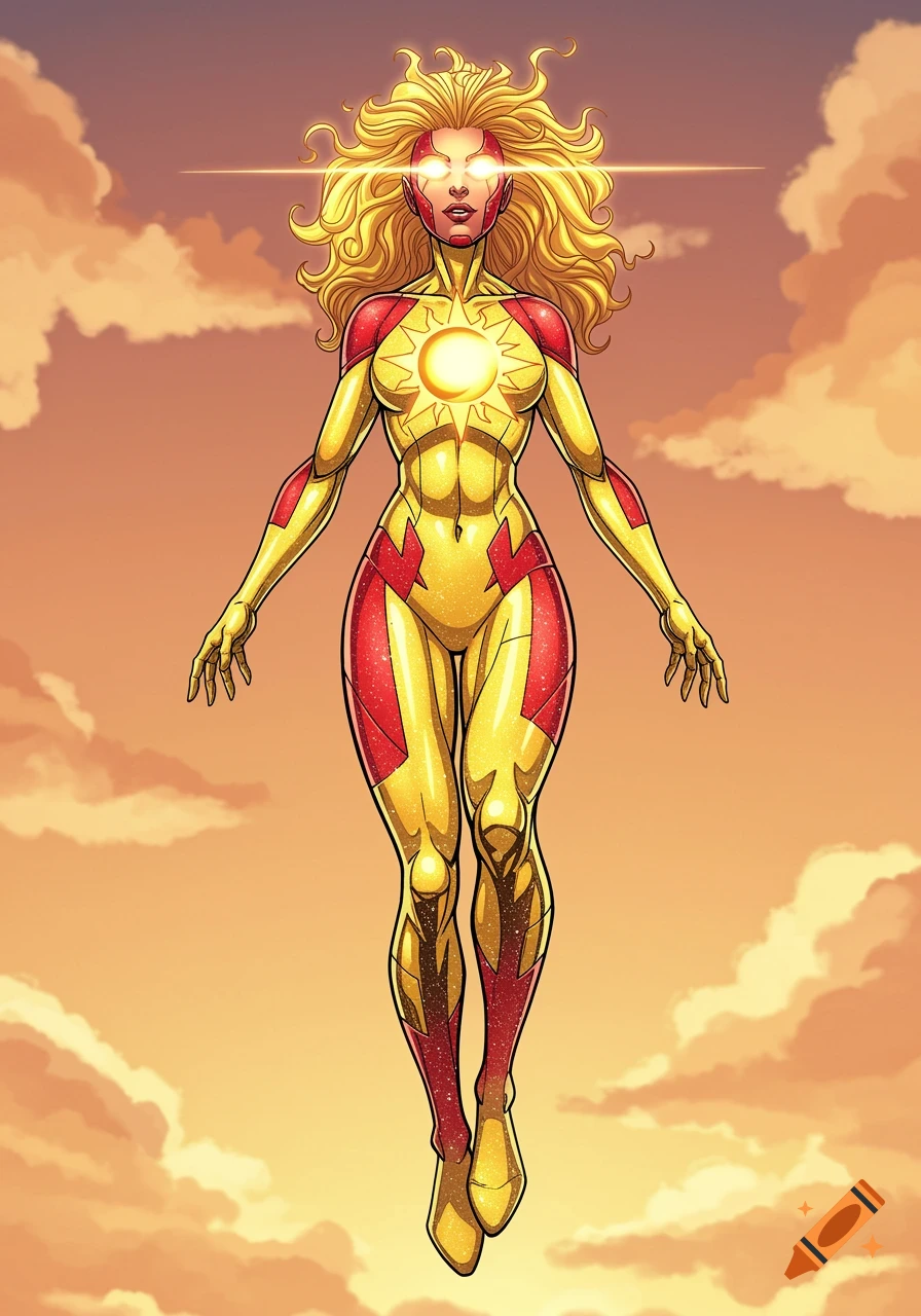 A female superhero with long blonde hair and glowing eyes in a gold and red suit with a sun emblem, floating against a sunset sky.