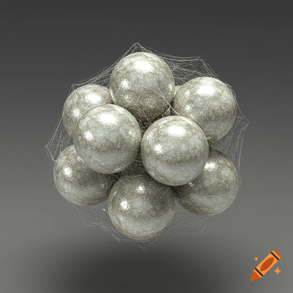 A cluster of textured, off-white spheres covered in delicate spiderwebs, set against a dark grey background in an isometric view.