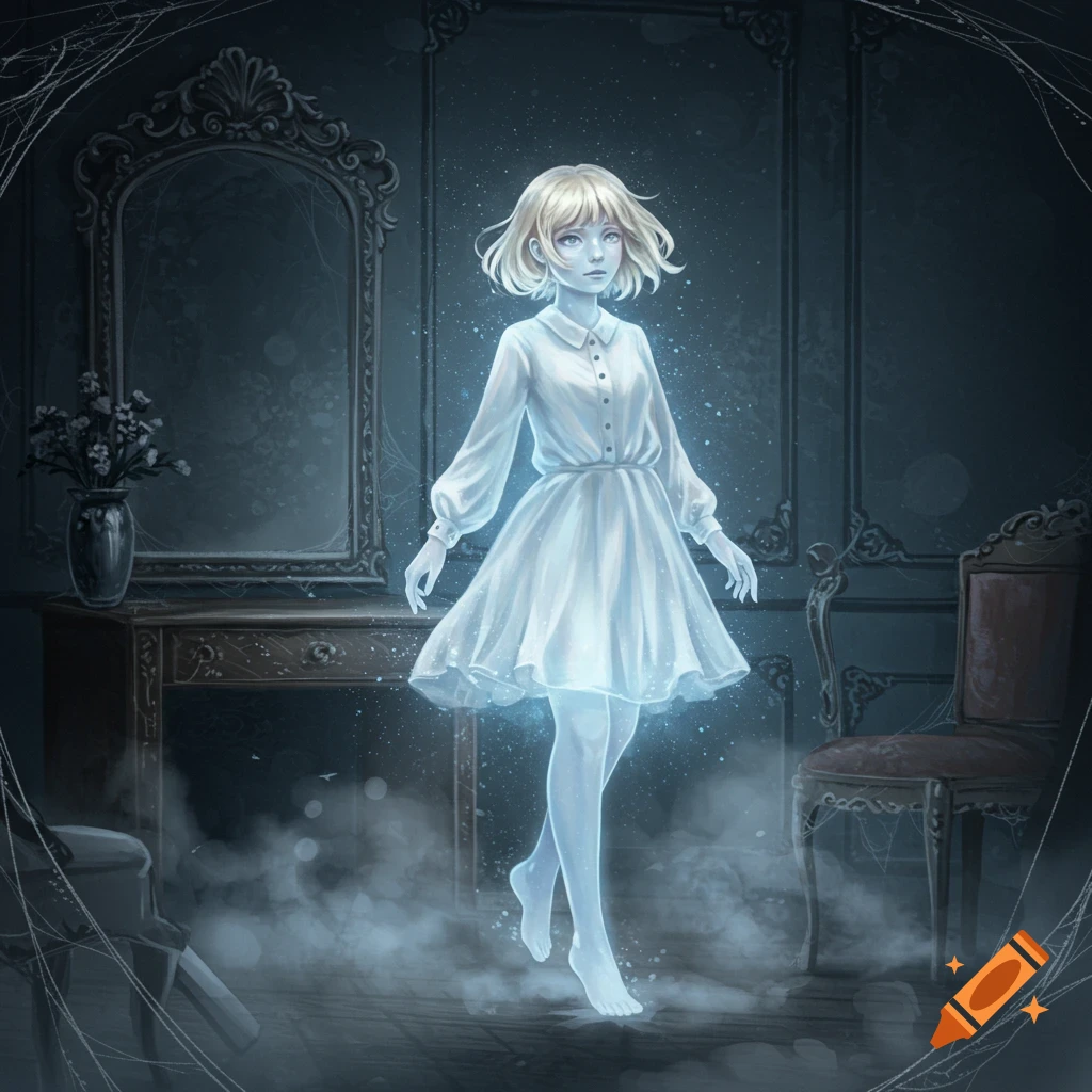 A glowing, transparent blonde ghost girl in a white dress floats in a dark, ornate, and dusty room with a large mirror and old furniture.