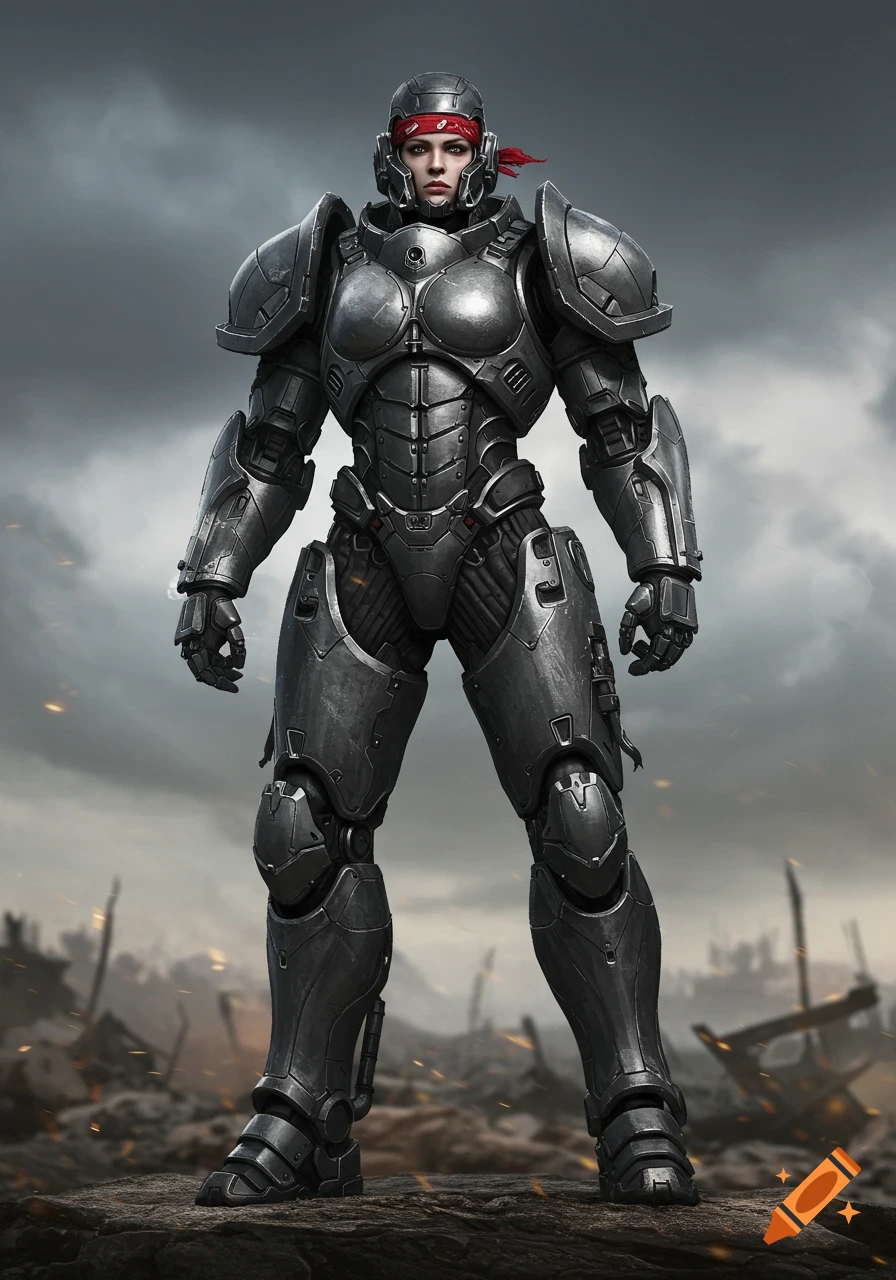 A female character in heavily detailed power armor stands on a rocky, war-torn landscape under a cloudy sky.