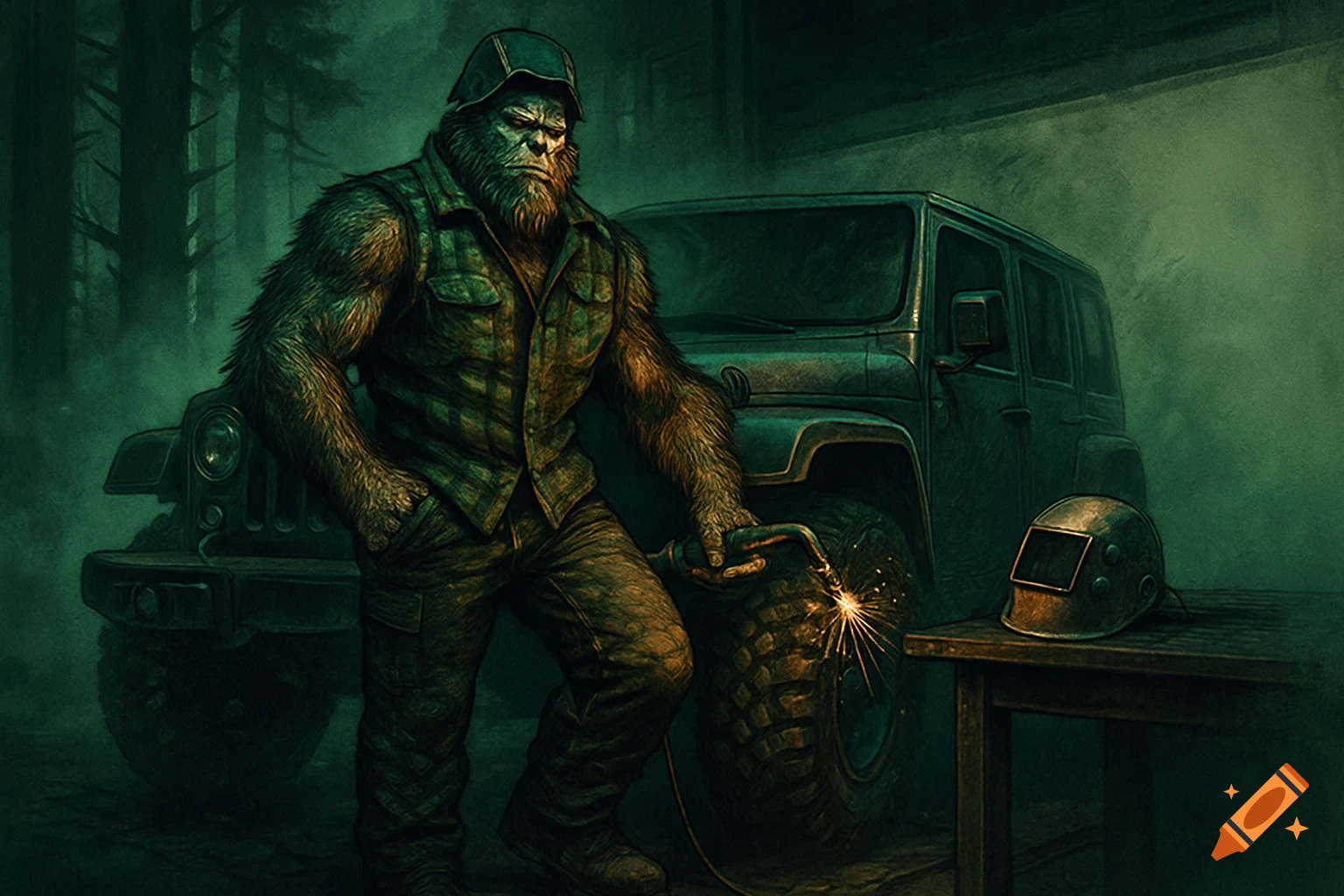 A Sasquatch welder in a green flannel vest and helmet welds a Jeep tire in a misty pine forest at night, in a comic-grunge style.