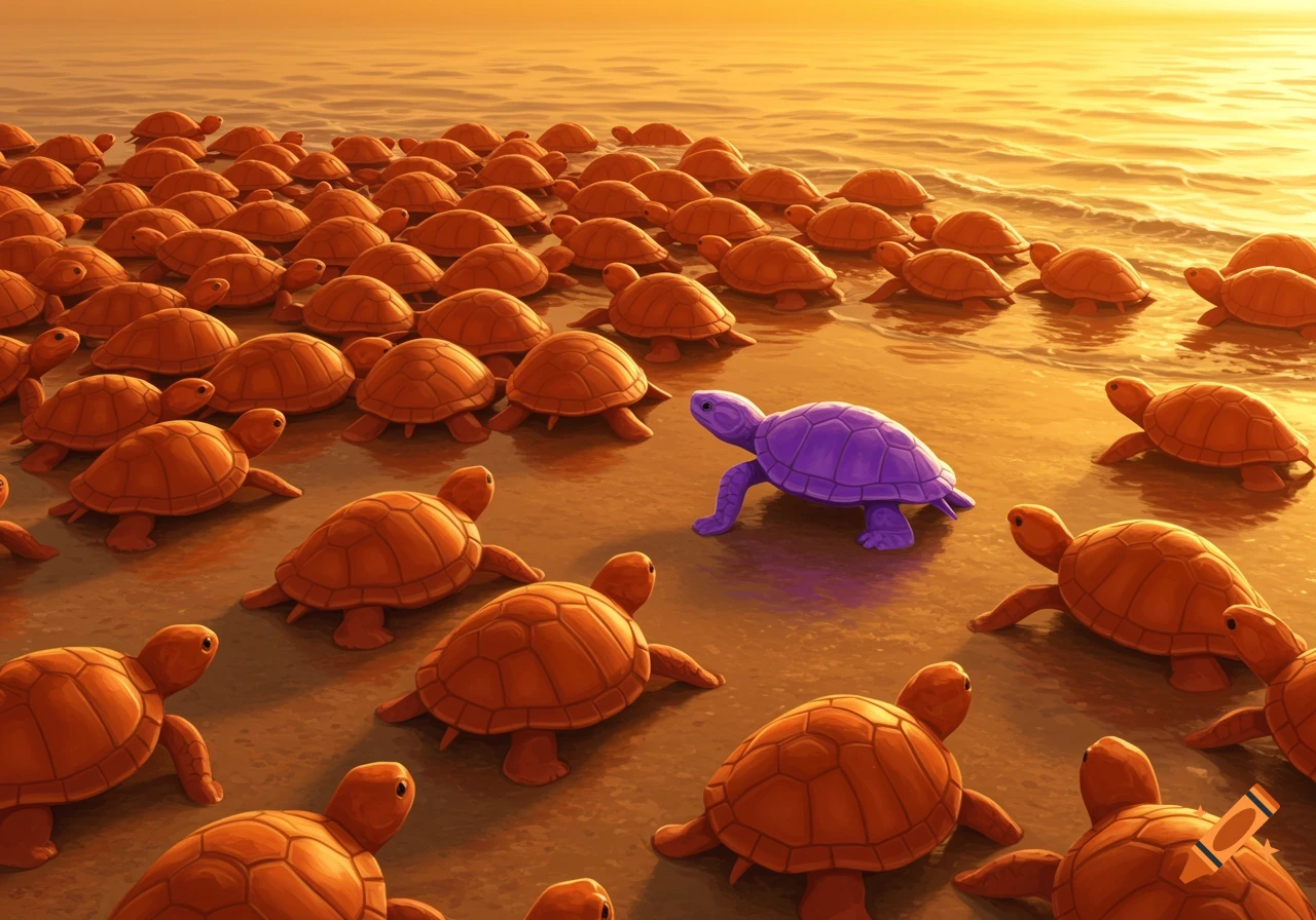 A purple turtle stands out on a sandy beach surrounded by many orange turtles, with the ocean and a sunset sky in the background.