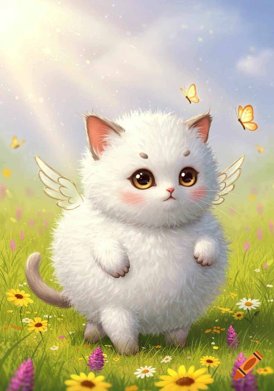 A fluffy white winged cat with large hazel eyes stands in a field of colorful wildflowers under a bright sky with butterflies.