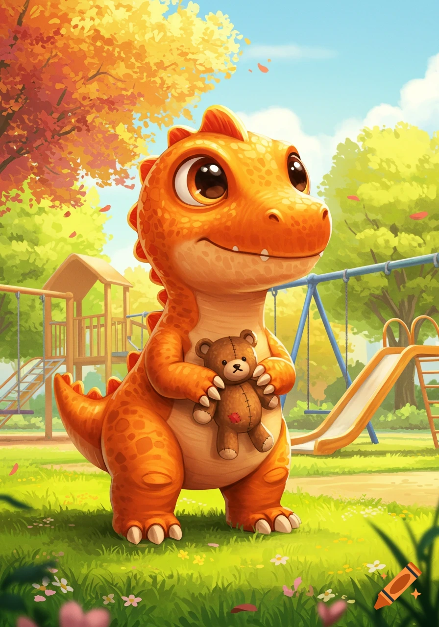 A cute orange baby dinosaur with big eyes holds a teddy bear in a sunny playground with autumn trees.