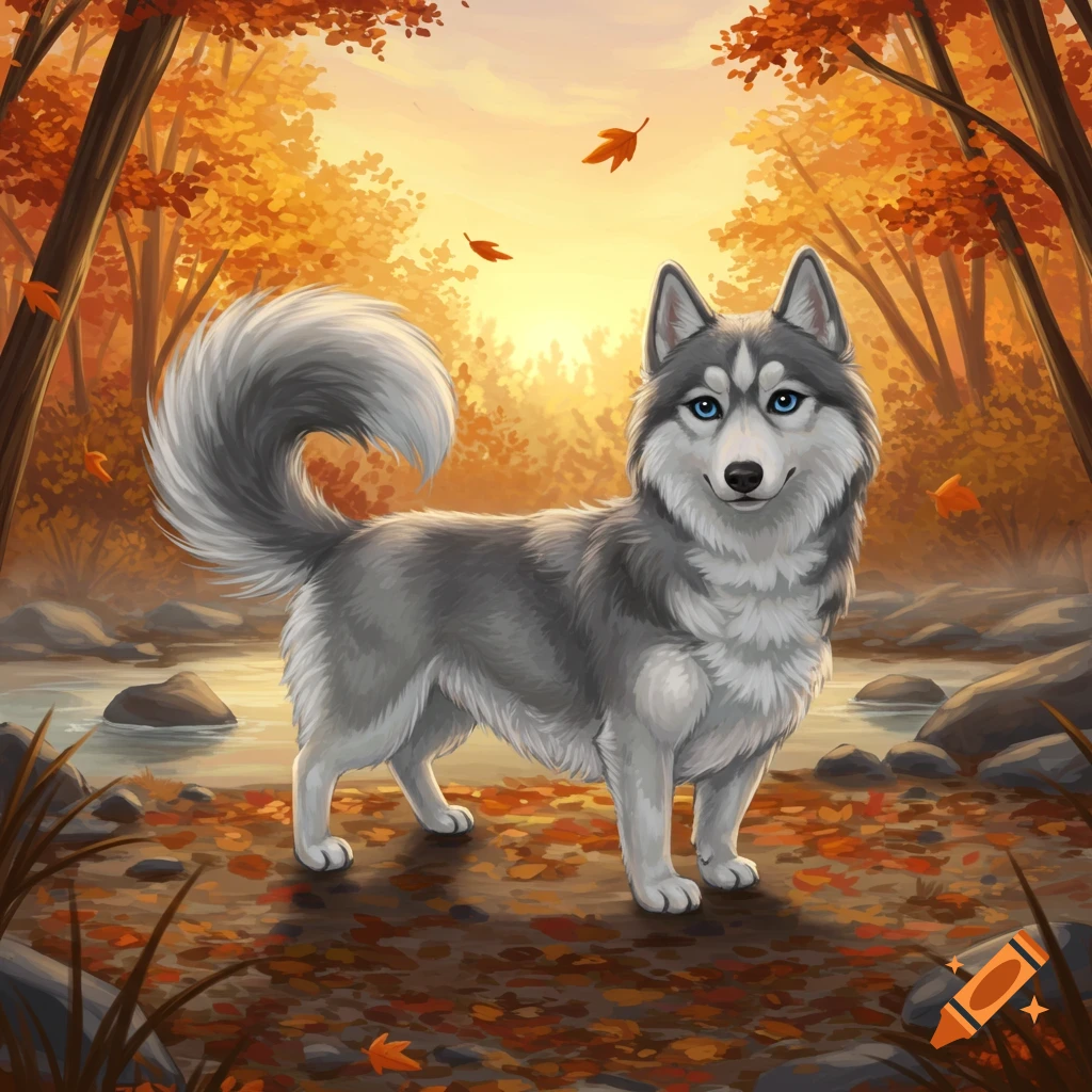 A cute husky dog with blue eyes stands in an autumn forest with orange trees, falling leaves, and a stream, in a cartoon illustration style.