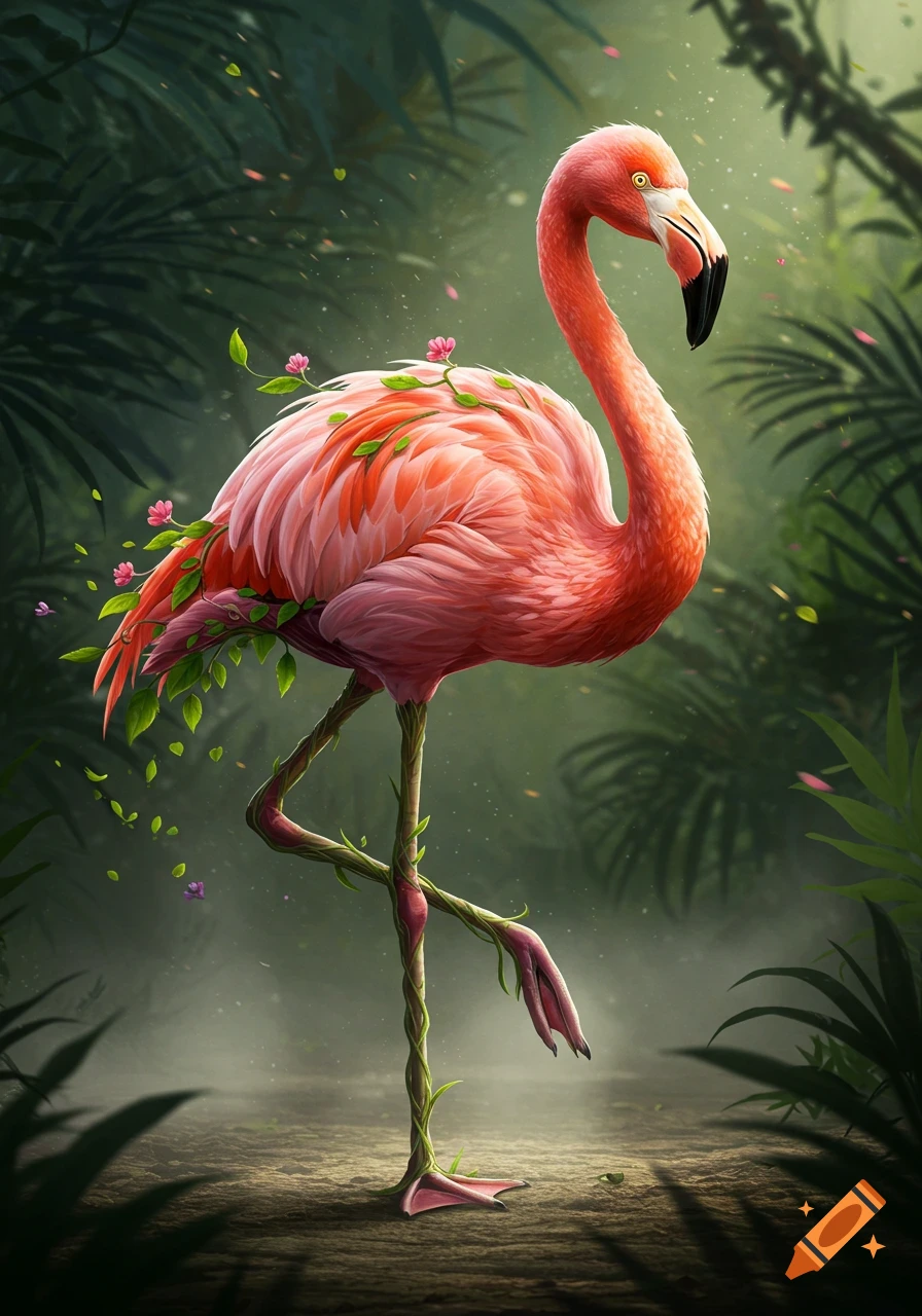 A vibrant pink flamingo stands in a lush jungle, its feathers and legs intertwined with green vines and small pink flowers.