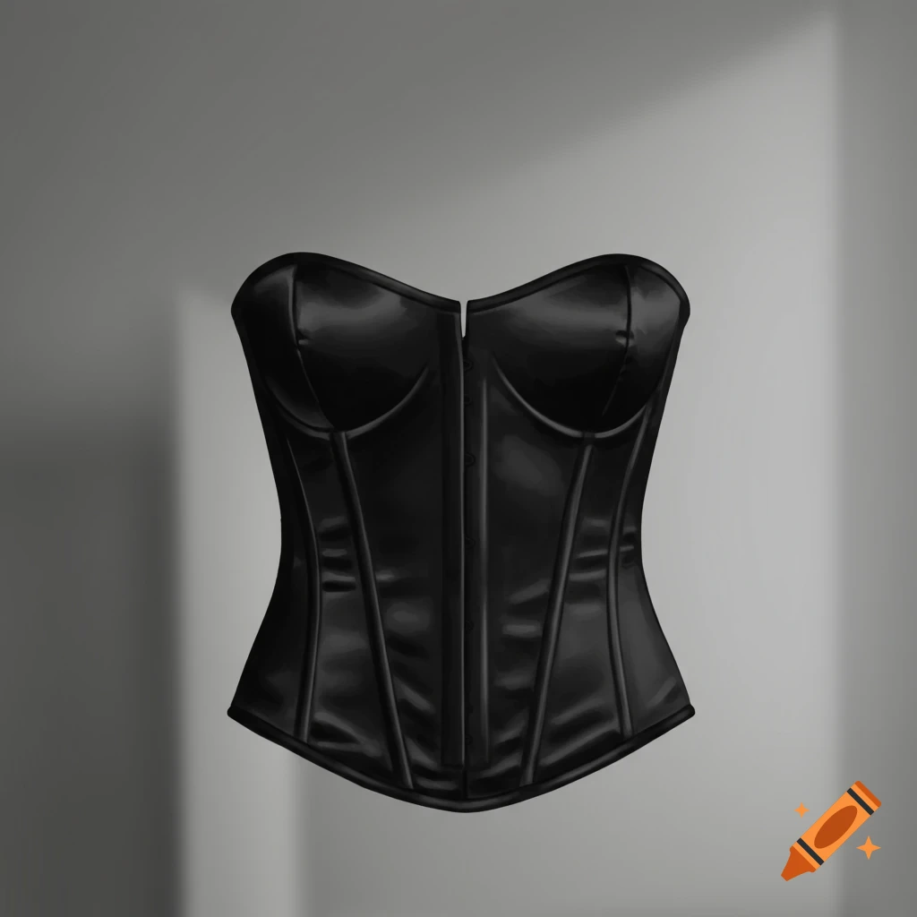 A black satin corset against a gray background with shadows.