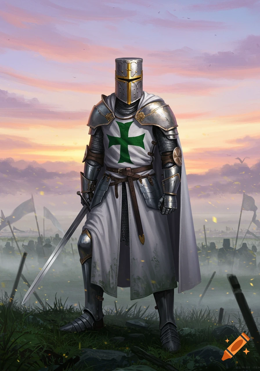 A knight in shining armor with a green cross on his tunic stands on a misty battlefield at sunset, holding a longsword. Digital painting.