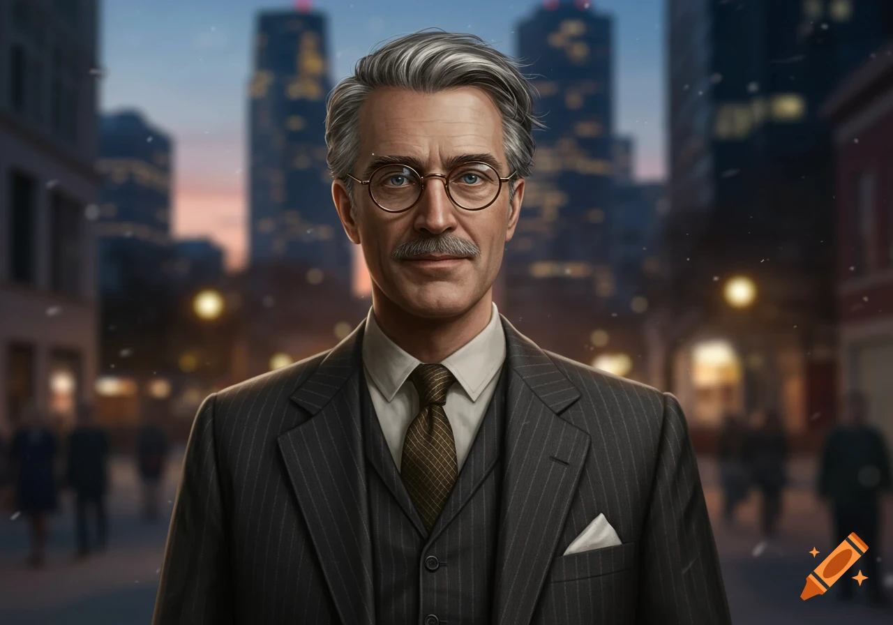 A distinguished man with gray hair, mustache, and glasses in a pinstripe suit, standing in a city at dusk.