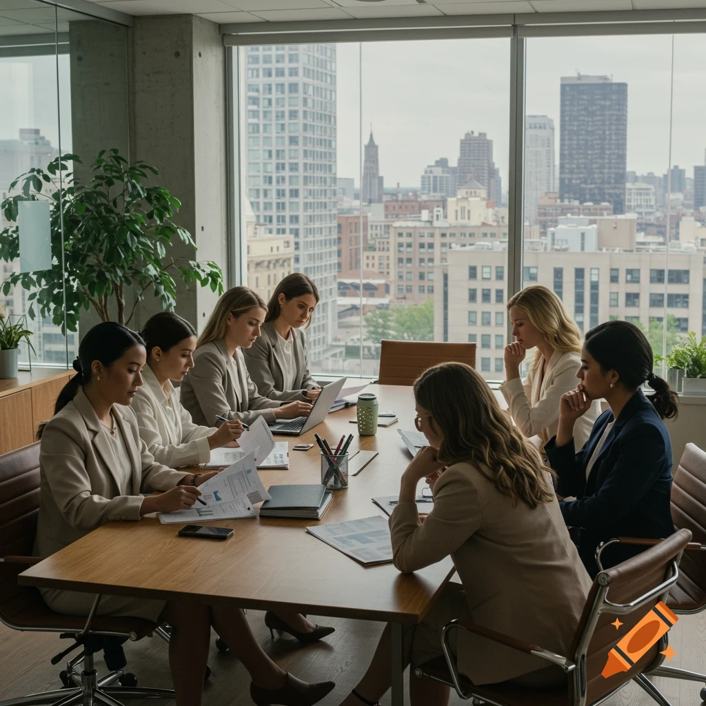 Women in business attire deep in discussion at a conference table in a modern office with a city view.