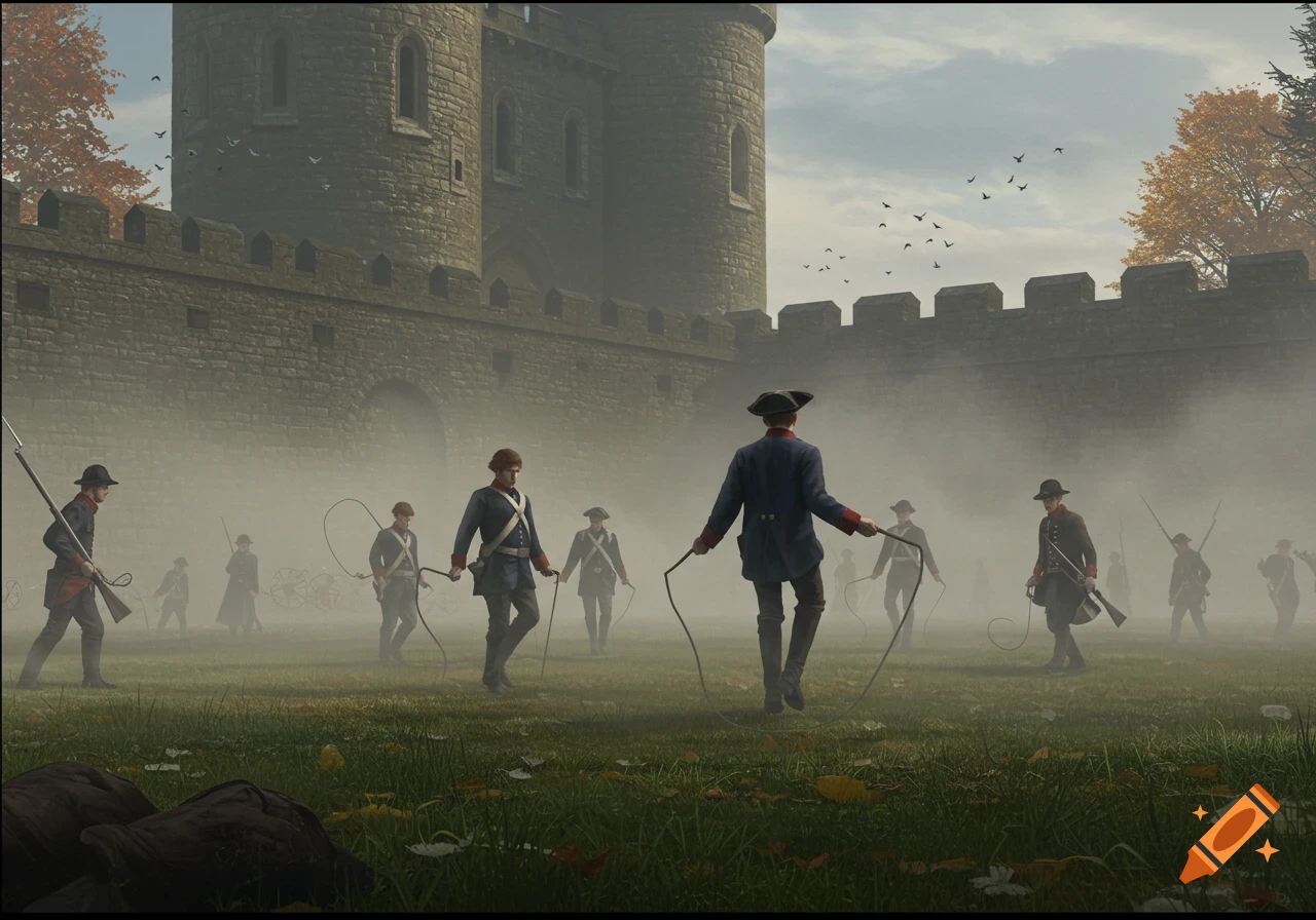 Soldiers in uniform training with whips and rifles on a misty field in front of a stone castle.