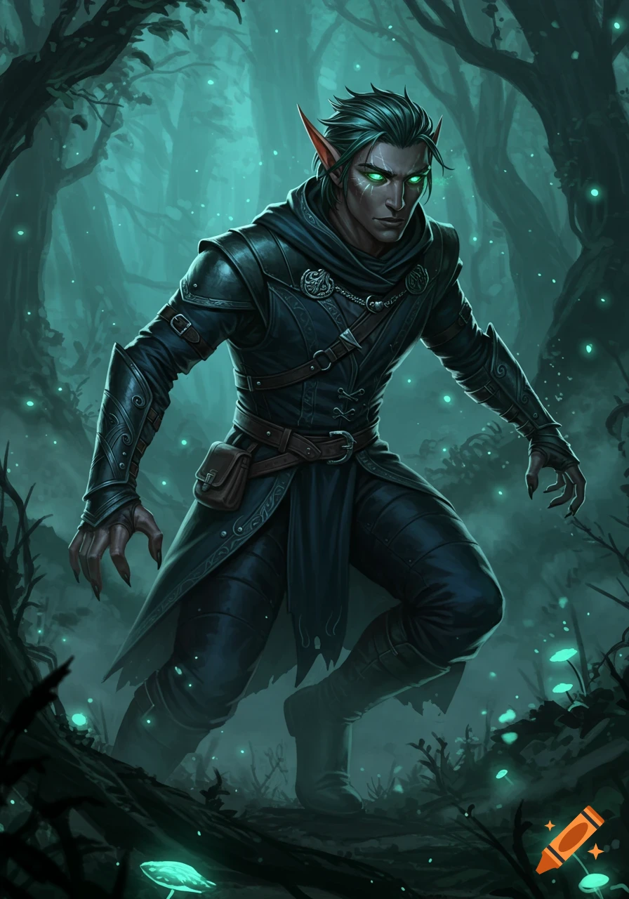 A male dark elf with glowing green eyes, in black armor, walks through a mystical, misty forest with glowing blue mushrooms.